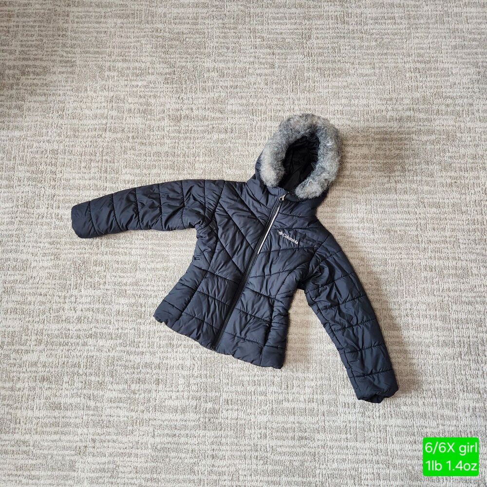 Columbia girl's heavyweight faux fur hooded puffer jacket black size 6/6X